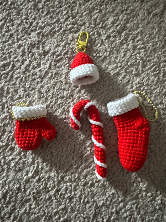 Handmade Crocheted Christmas Ornament Set - Mittens, Hat, Stocking & Candy Cane (Set of 4)