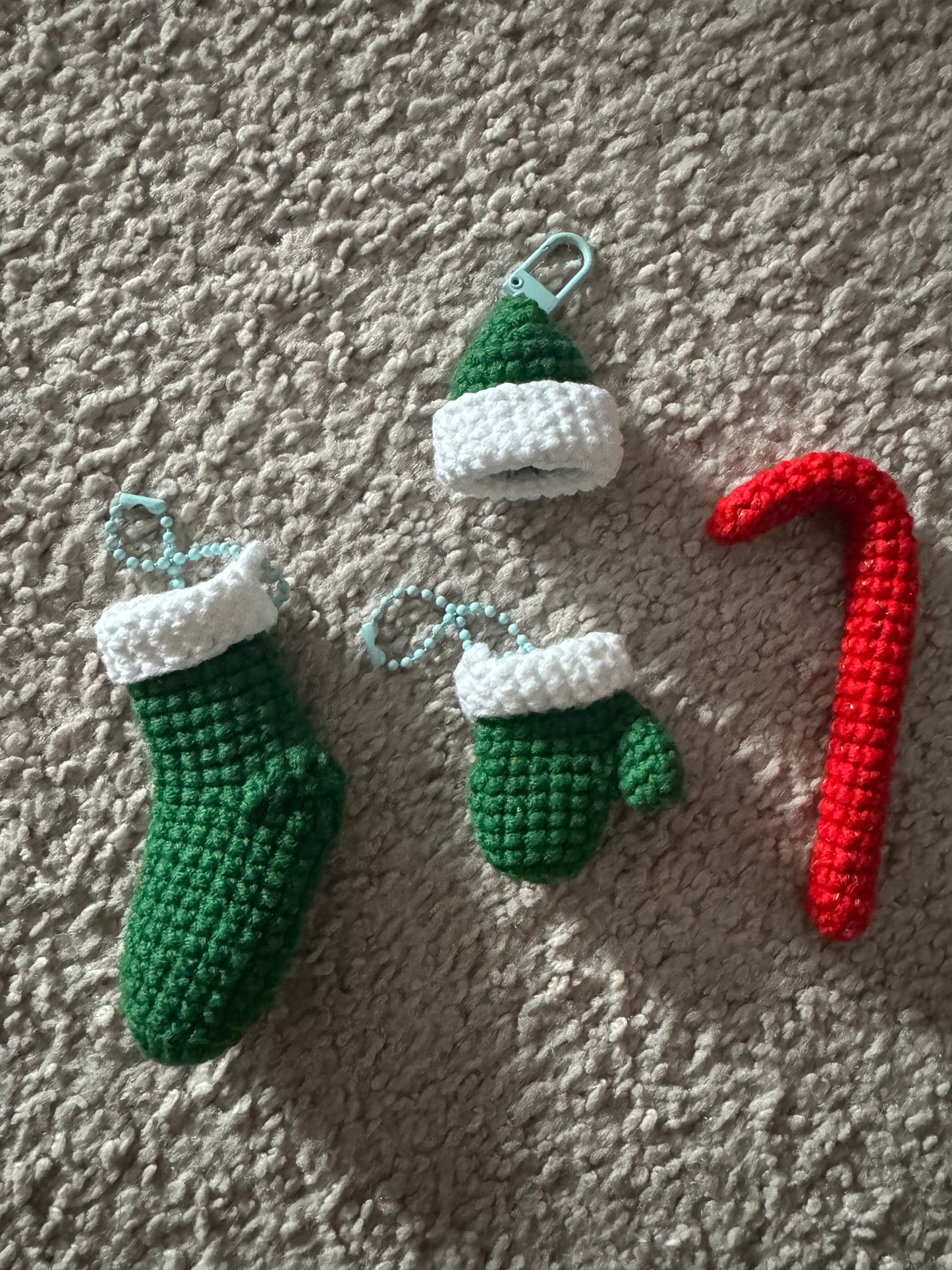 Handmade Crocheted Christmas Ornament Set - Mittens, Hat, Stocking & Candy Cane (Set of 4)